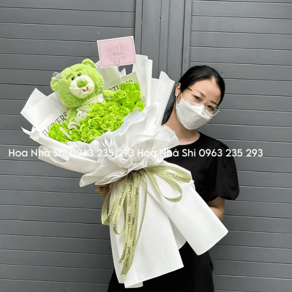 Bó Hoa Sáp Thơm Kèm 1 Gấu Bông - Tone Xanh Lá - 20