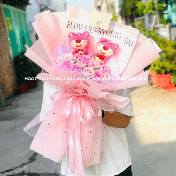 Bó Hoa Gấu Bông 2 Con - Gấu Dâu - Tone Hồng - 69